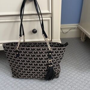 Michael Kors signature logo small canvas tote in black/beige